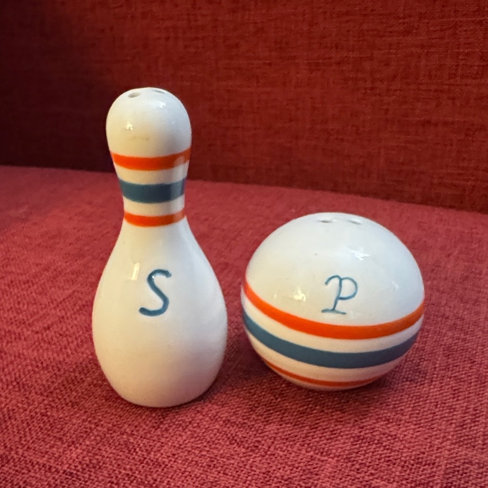 Vintage Striped Bowling Pin and Ball Salt and Pepper Shakers